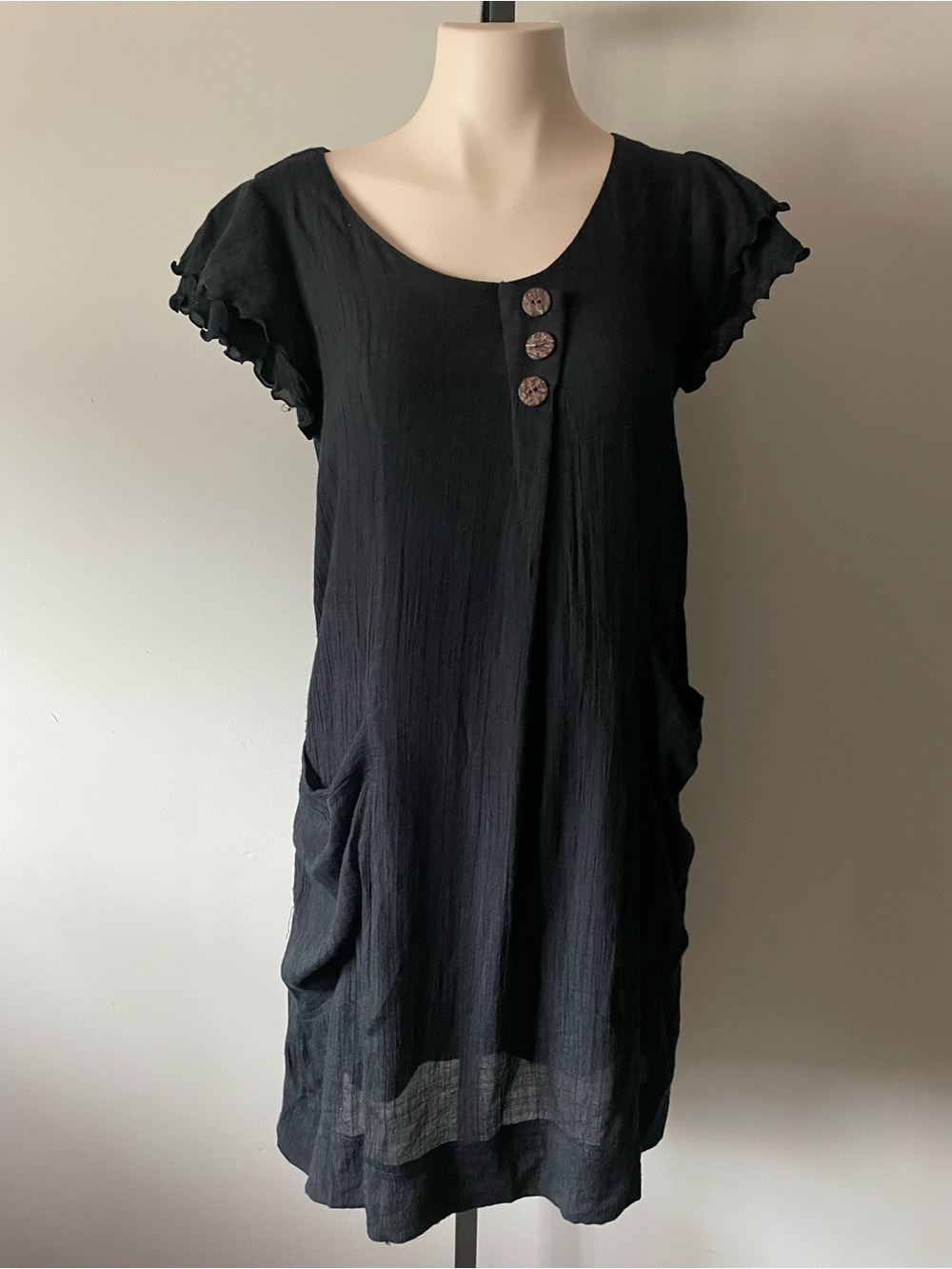 Y2K Vintage Wilhelmina's Silk Cotton Black Crinkle Gauze Mini Dress Boho Ruffled